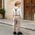 thumbnail image 6 of QTBIUQ Toddler Boys Three-Piece Suit Set Cotton Turn-Down Collar Shirt and Suspender Pants Formal Outfit Set with Bow Tie, 6 of 9