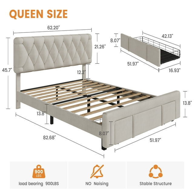 Queen Size Bed Frame with Storage Drawers, Mattress Foundation with Solid Wooden Slats Support, No Box Spring Needed