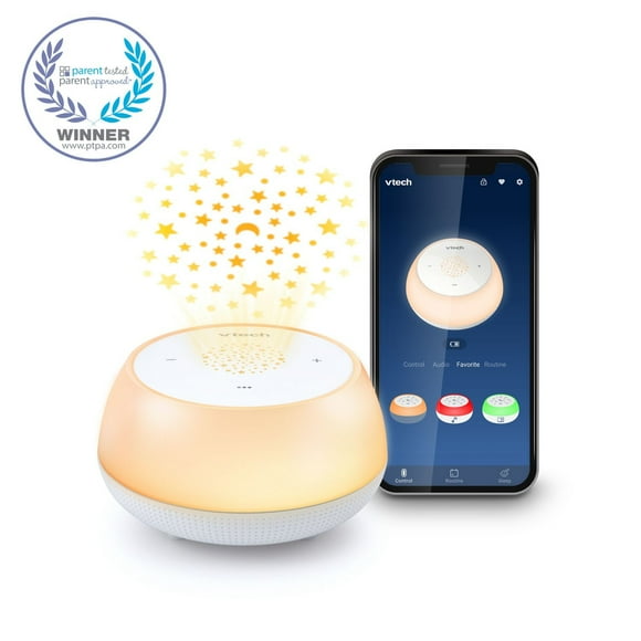 VTech BC8213 V-Hush Junior Sleep Training Soother Portable Bluetooth Speaker includes a Professional Sleep Training Program, Colorful One-Touch Night Light and Glow-on-Ceiling Projector (White), BC8213