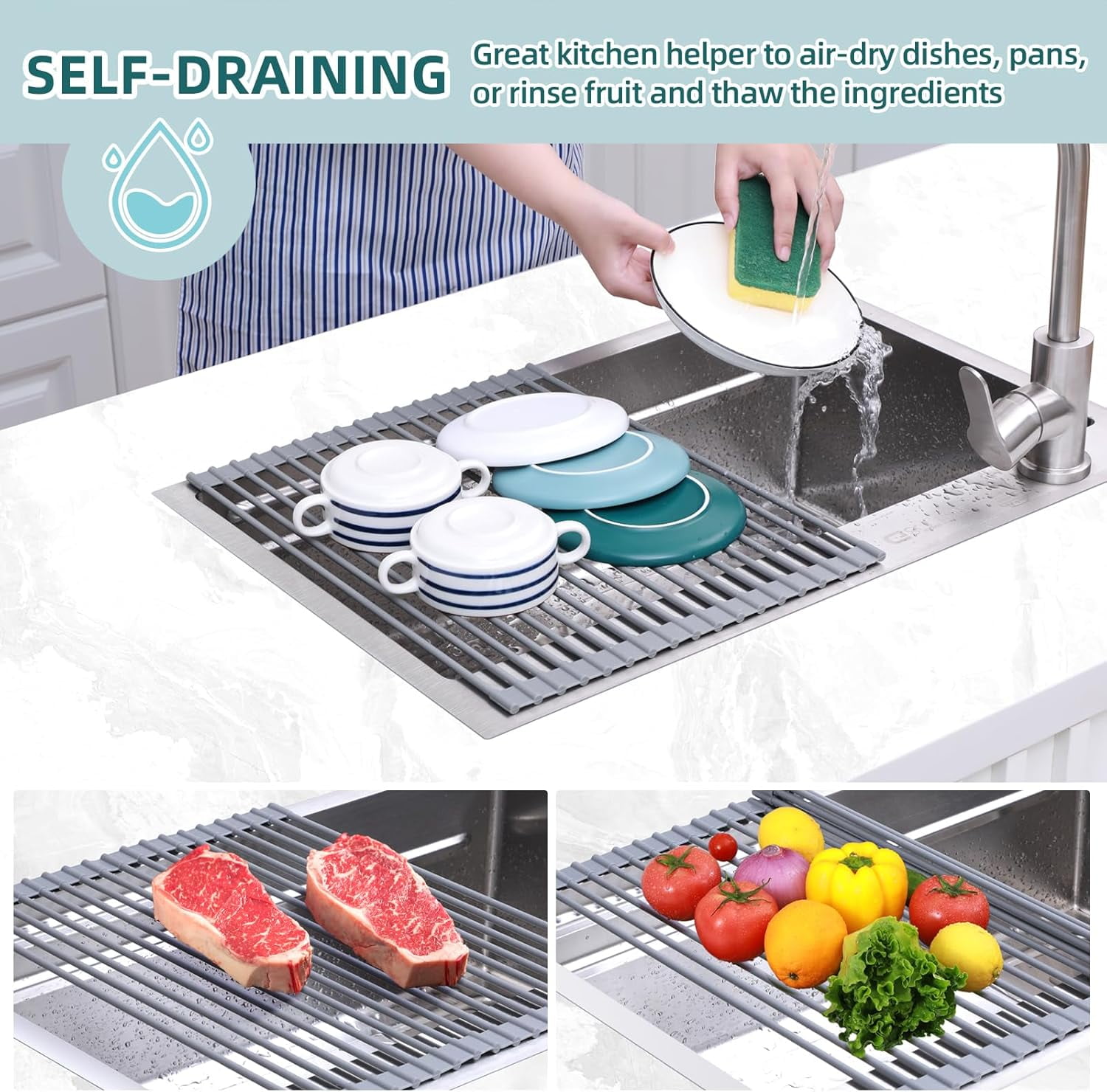 JJEAN-Roll Up Dish Drying Rack, Over The Sink Multipurpose Roll-Up Dish Racks, 16.5" W x 13" L Rolling Heat-Resistant Anti-Slip Silicone Coated Dish Drainer Portable Foldable for Kitchen Counter