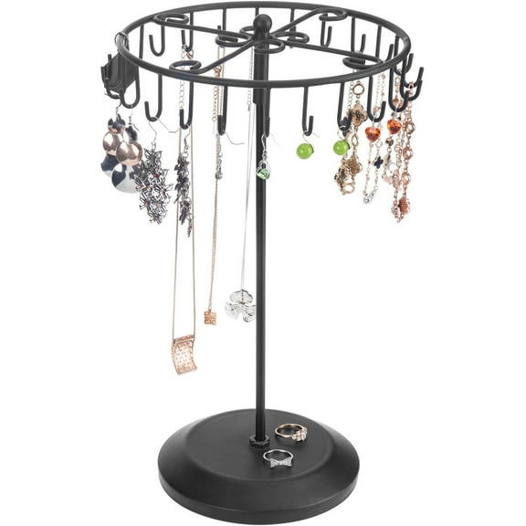 Black Metal Rotating Jewelry Organizer Jewelry Stand Display Tree for Women with 24 Hooks for Necklaces, Earrings