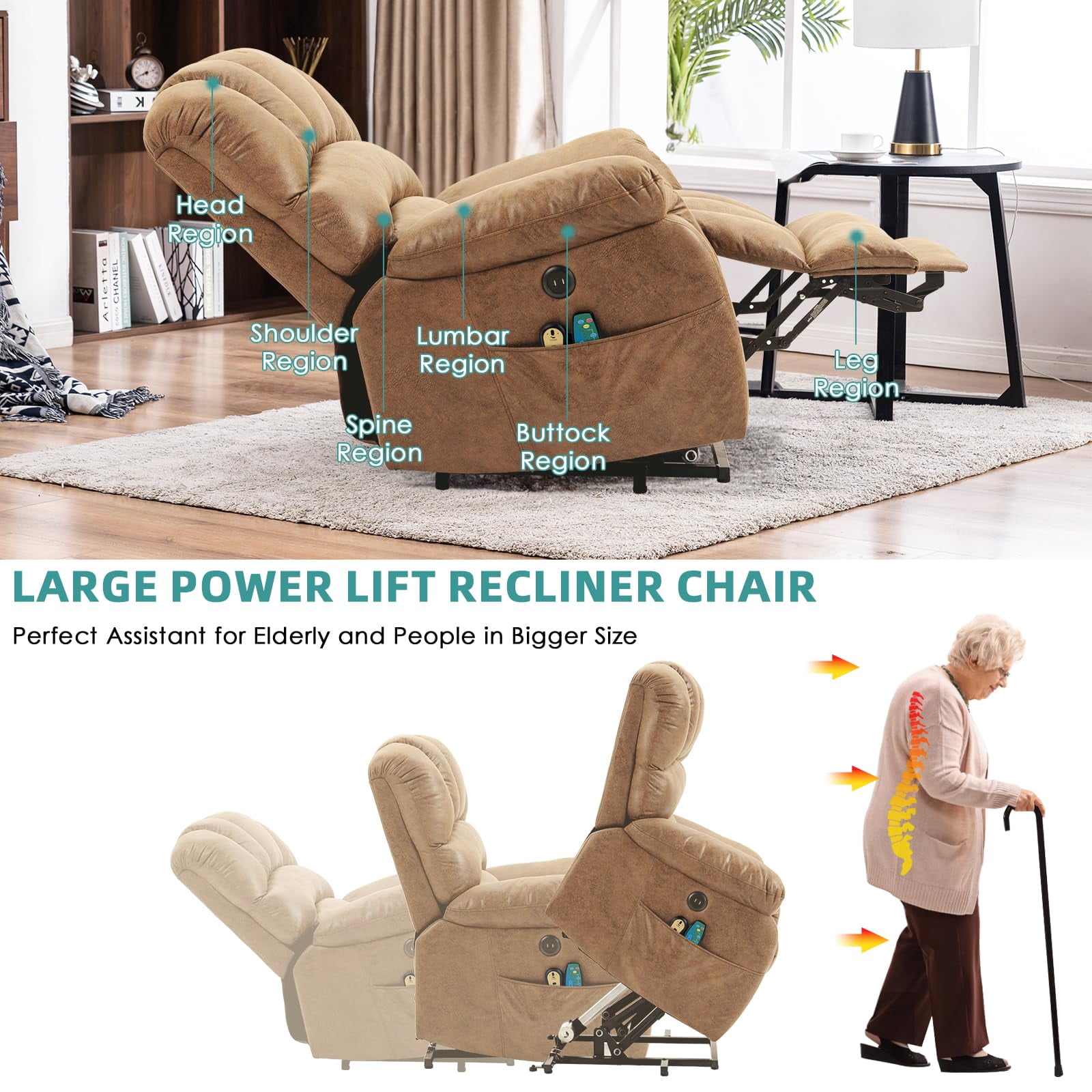 MEETWARM Large Power Lift Recliner with Side Pocket and USB Ports, Sand