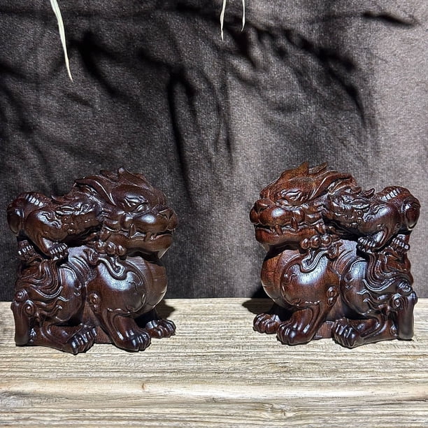 pair of ebony wood carved Pixiu figurines, wooden home decor, entryway tabletop ornaments, shop opening gifts, and handicrafts.