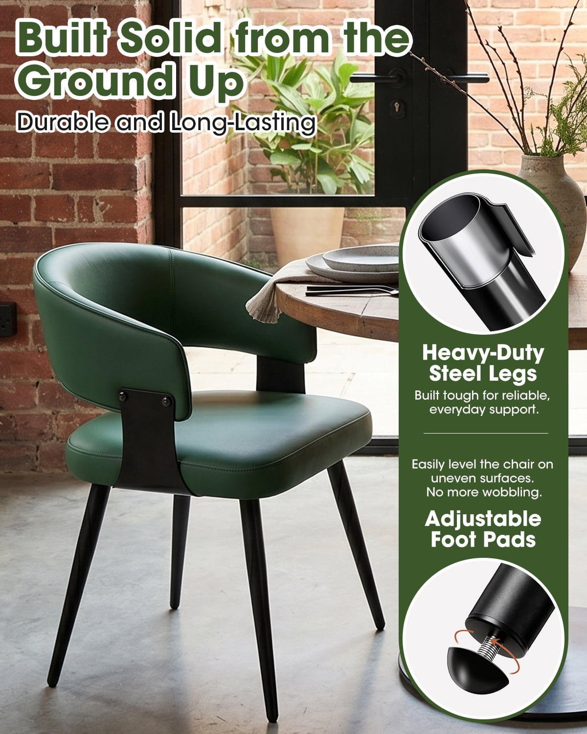 Dining Chairs Set of 4, Upholstered Faux Leather Dining Room Chair with Curved Open Back for Kitchen Living Room, Green