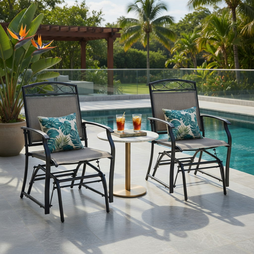 Hommoo 2-Piece Outdoor Metal Glider Armchair Set, Rust-Resistant Powder-Coated Frame, Fade-Resistant Breathable Fabric, High-Back Ergonomic Design for Porch, Patio & Poolside, Brown