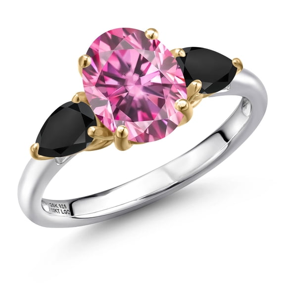 Gem Stone King 925 Silver and 10K Yellow Gold Pink Moissanite and Black Onyx Engagement Ring for Women | 2.76 Cttw | Oval 9X7MM | Gemstone Birthstone | Size 7