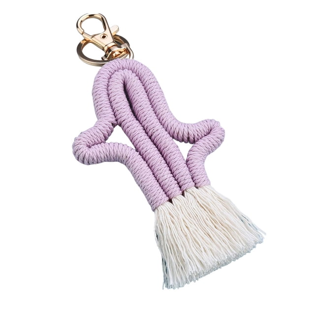 Keychain Cactus Handmade Portable Bohemian Style Knitted Key Ring Tassel Metal Clasp Holder Accessory Keys Wallet Cellphone Purple