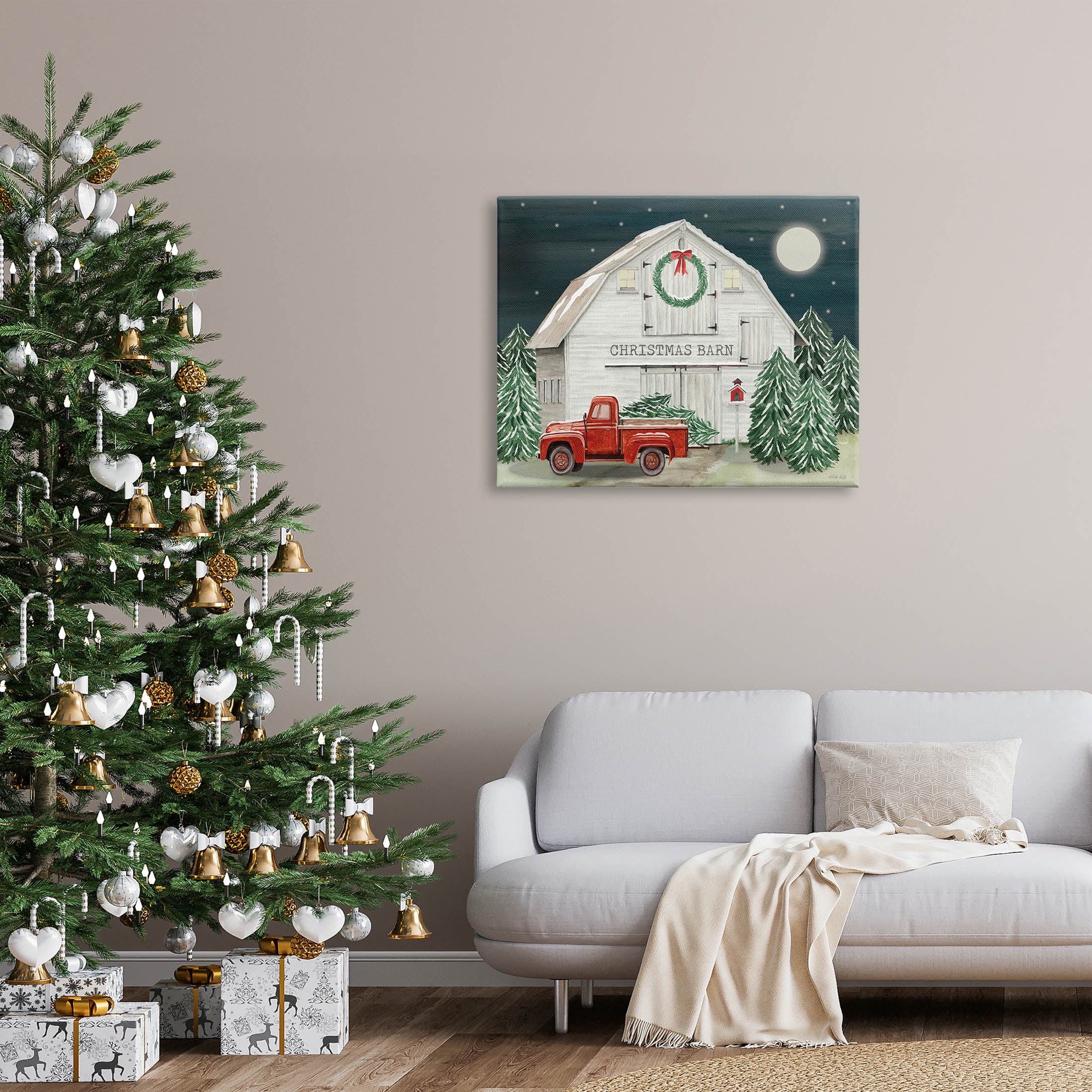 Nighttime Christmas Barn Farm Holiday Graphic Art Gallery Wrapped Canvas Print Wall Art