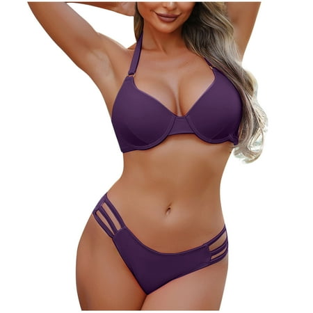 Bigersell Push up Swimsuits for Women Trendy Cut Out Bikini Bottoms Halter Swimsuits Padded T-Shirt Bra 2 Piece Bathing Suits Vacation Swimwear Purples M