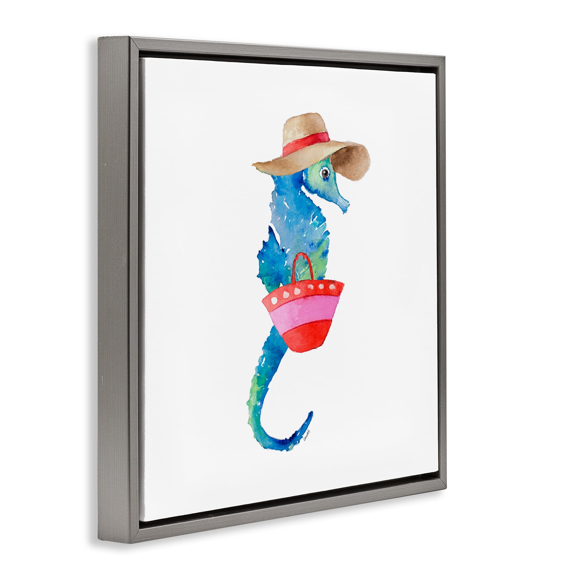 Stupell Industries Seahorse in Beach Hat Novelty Painting Gray Floater Framed Canvas Art Print Wall Art, 25 x 25