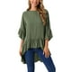 thumbnail image 1 of INSPIRAR CHIC Blusas Asimétricas de Mujer con Mangas de Campana 3/4, Cuello Redondo, Espalda con Abertura, Dobladillo con Volantes, Color Verde Oliva, 1 of 6