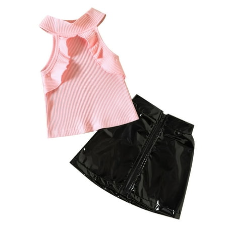 

B91xZ Baby Girl Outfits Toddler Kids Baby Girls Sleeveless Ribbed Ruffle T Shirt Tops PU Leather Skirts 2PCS Outfits Clothes Pink Sizes 3-4 Years