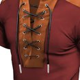 thumbnail image 3 of YLSDY New summer arrivals Men Lace Up V Neck Short Sleeve Boho Renaissance Pirate Medieval Shirts Summer Vintage Stand Collar Color Block Top Red M, 3 of 3