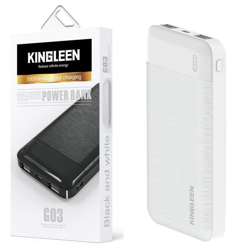KINGLEEN (G03) Fast Charging Dual USB 10000mAh Portable Power Bank Fast Charging - White