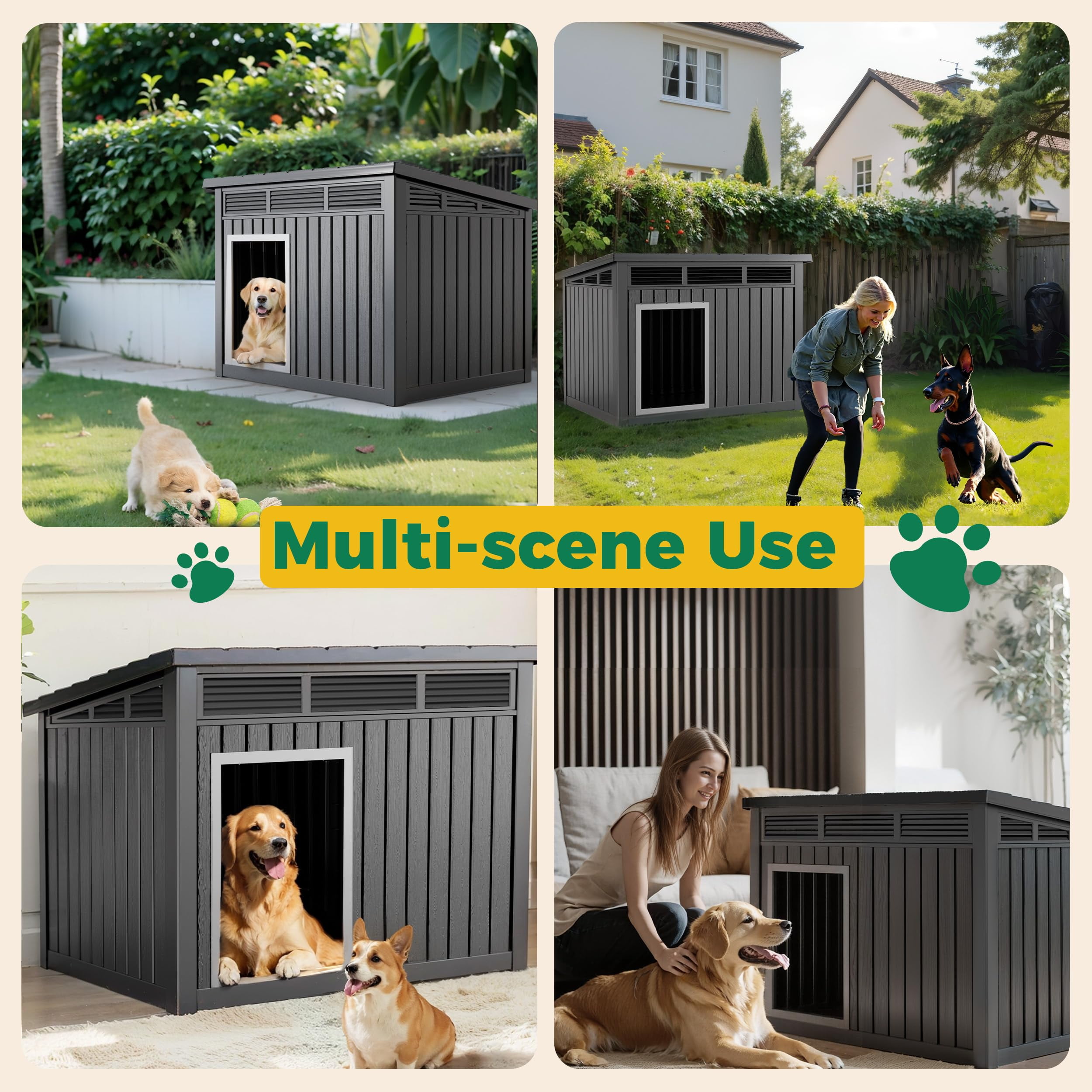 EasyUp Dog House for Both Indoor and Outdoor with Weatherproof Roof Removable Floors for Medium to Large Dogs Interior Space (Black, Large (42.87 * 32.95 * 31.61''))