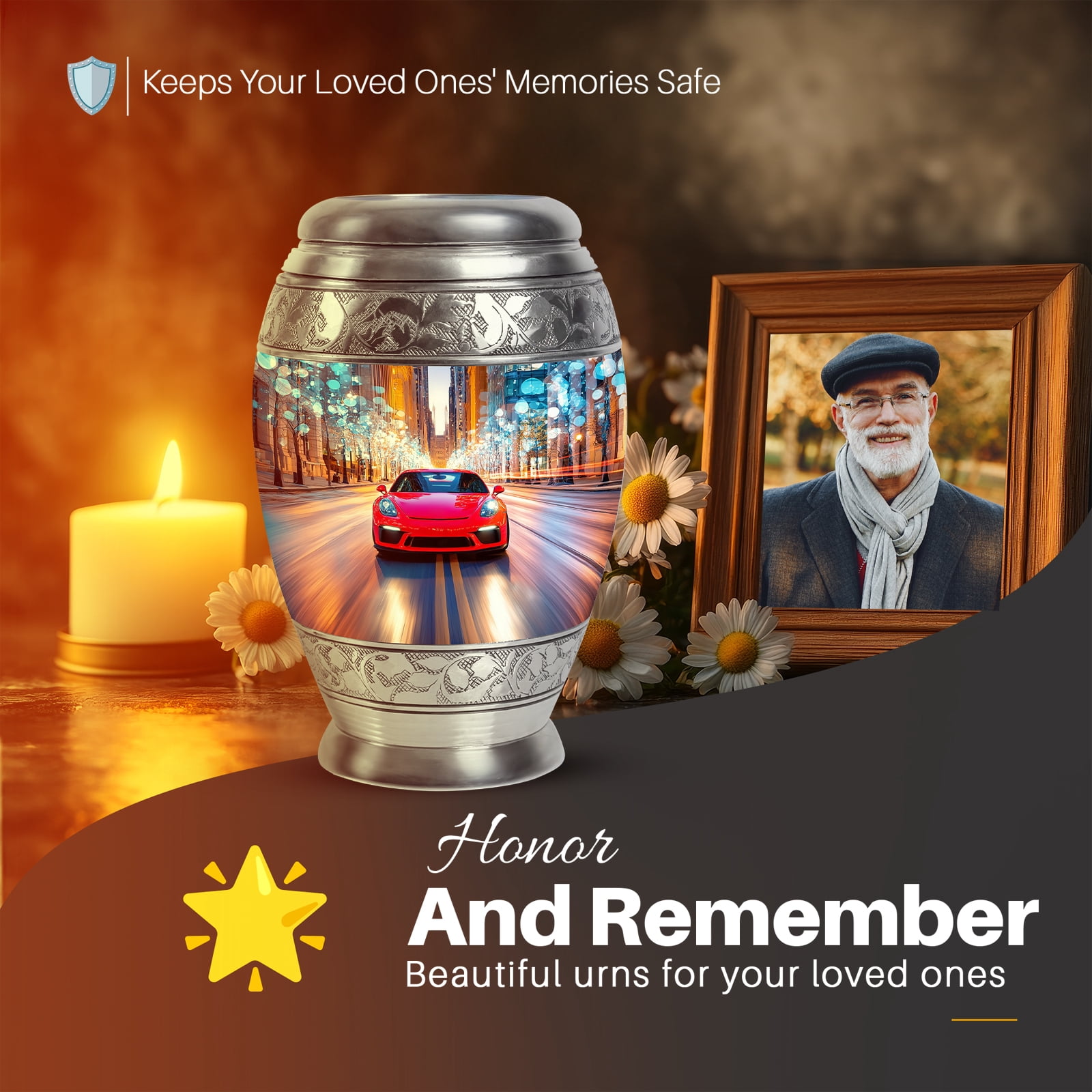 Yatskia Red Car Decorative Large Memorial Urns for Human Ashes Adult Mother and Father, Mini Cremation Urn for Ashes Adult, (Monar 10 Inch and 3 Inch)
