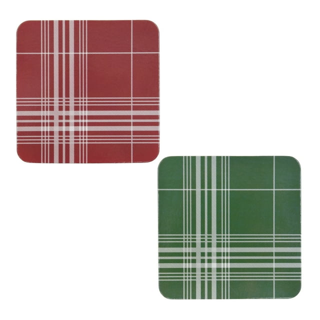 Holiday Time 4 pack Christmas Red Green Plaid Square Festive Cork Coasters, Table Protector Pad