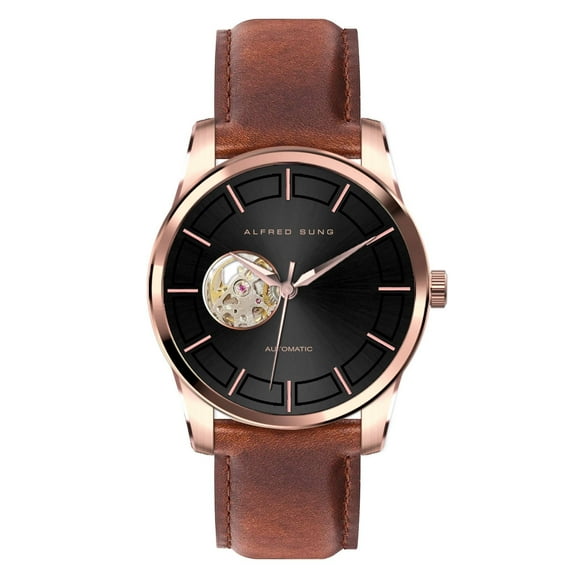 Alfred Sung Men's Automatic Rose Gold Black Open Heart Dial Leather Watch