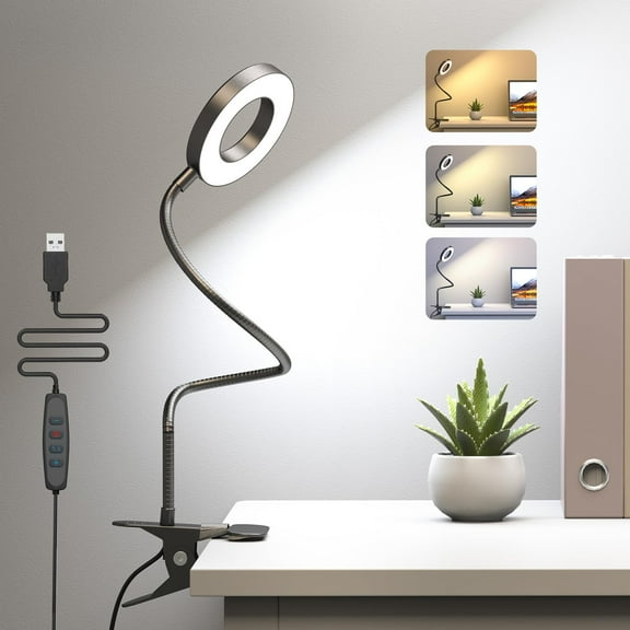 Clip on Table Lamp 3 Color Modes 10 Brightness Eye-Caring Clamp Light Dimmable Reading Lamp 360° Rotatable Metal Gooseneck Desk Lamp Clamp Lamp Portable Small Desk Lamp for Home Office Work Lamp