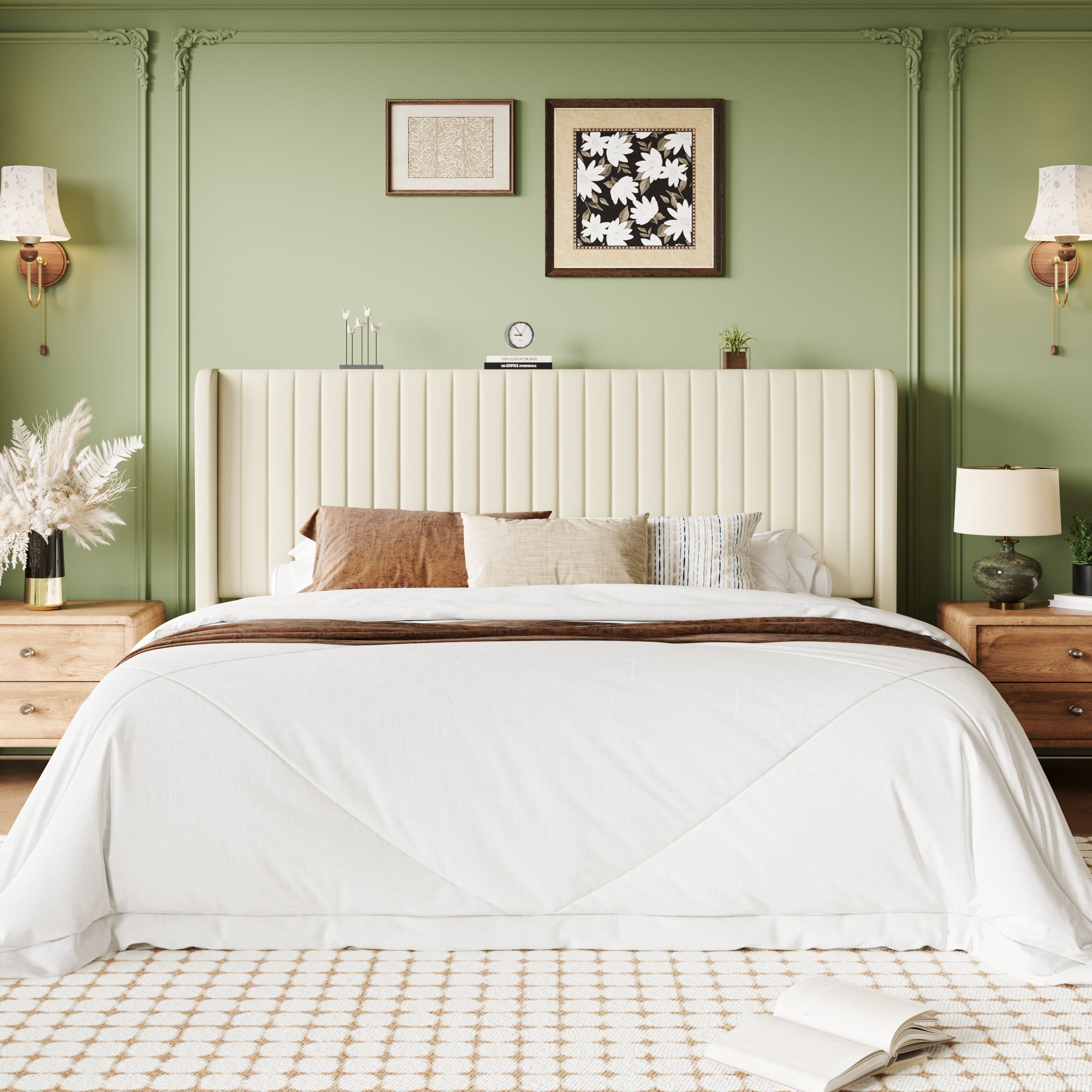 Einfach King Bed Frame, Upholstered Platform Bed with Wingback Headboard, No Box Spring Required, Cream White