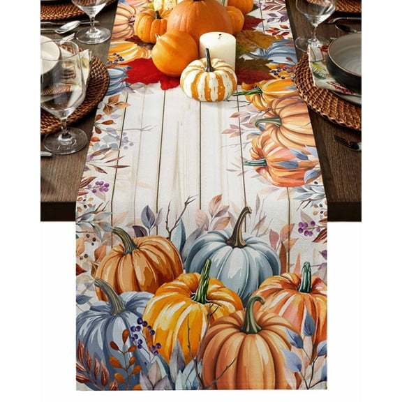 Fall Table Runner Thanksgiving Orange Blue Pumpkin Table Runners Watercolor Eucalyptus Leaves Wood Cotton Linen Dresser Scarf Kitchen Dining Table Decor for Fall Holiday Party Decor 13x90 Inch