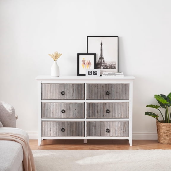 6 Drawer Dresser for Bedroom - 47.2" Wide Modern Chest of Drawers with Wooden Fluted Dressers Tv Stand Cabinet Organizer Storage for Living Room, Hallway Closet