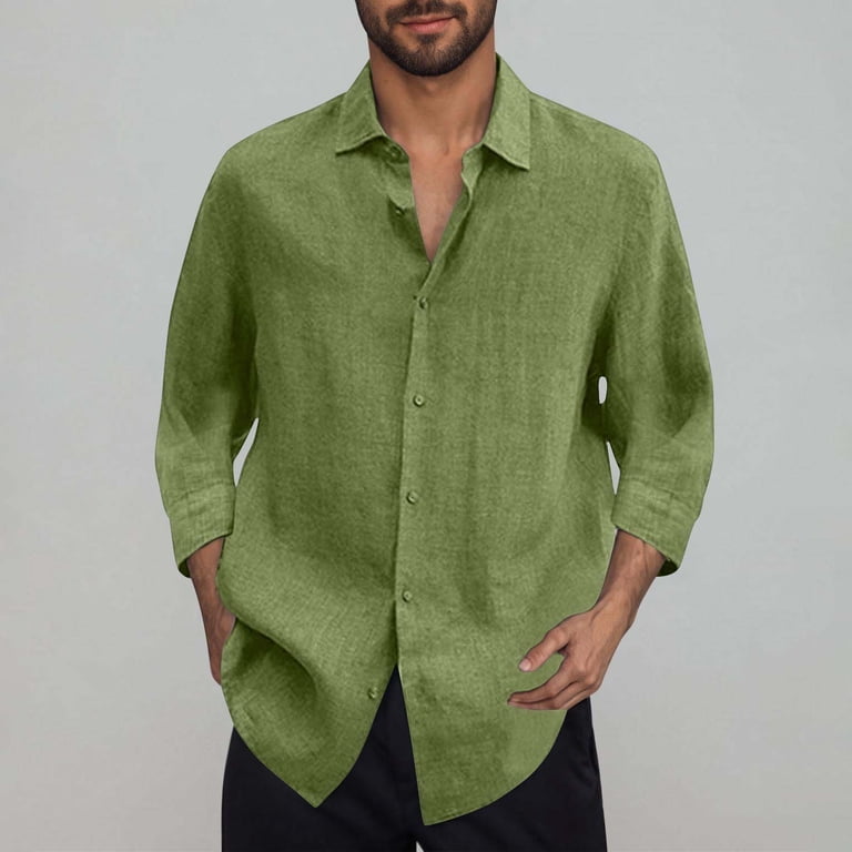 Bxingohai Linen Mens Dress Shirts Long Sleeve Linen Dress Shirts for Men Casual Linen Shirts for Men Button Down Shirt Army Green M
