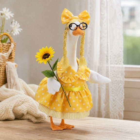 Summer Porch Goose Outfit Yellow Polka Dot Dress with Braided Pigtails Cute Glasses and Sunflower Prop for 23 Inch Front Porch Yard Decor