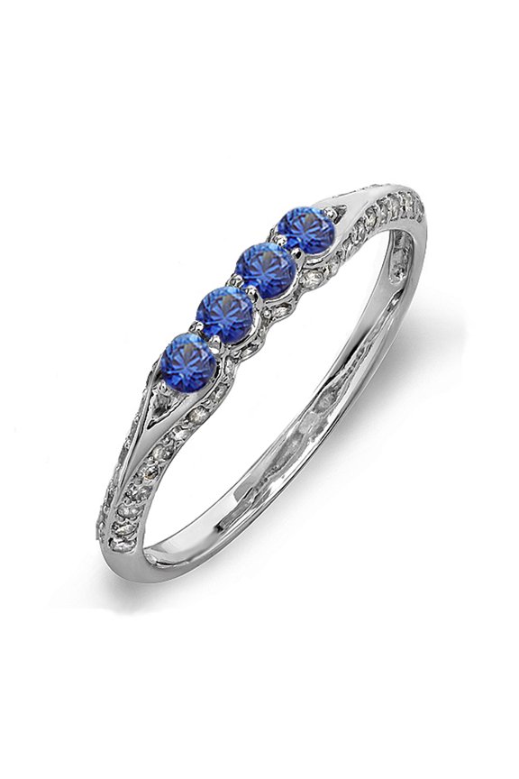 Collection 10K Round Blue Sapphire And White Diamond Anniversary Wedding Band Stackable Ring, White Gold, Size 7.5