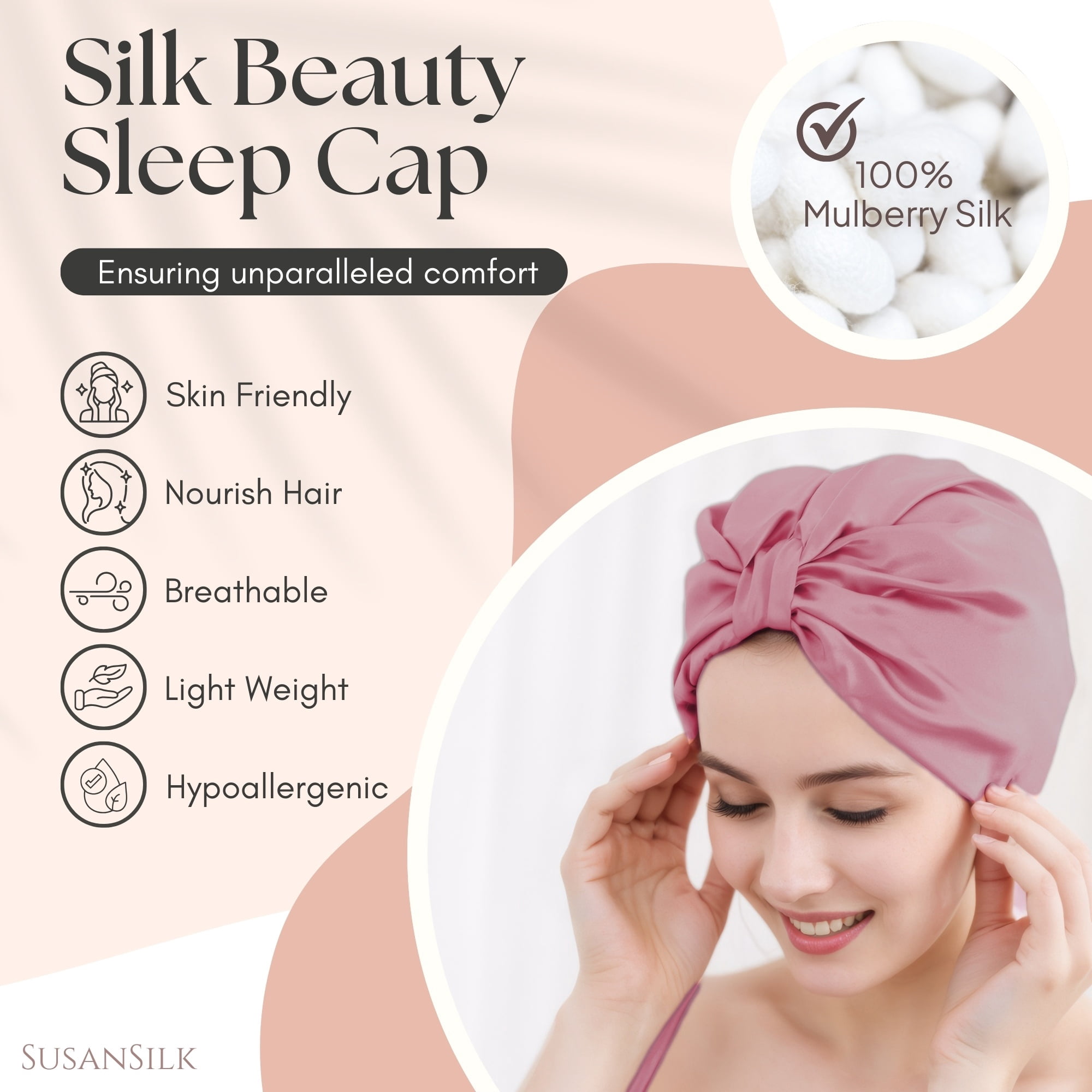 SusanSilk Premium Mulberry Silk Bonnet, Sleep Cap, Shower Cap - Breathable, Adjustable, Hair Protection