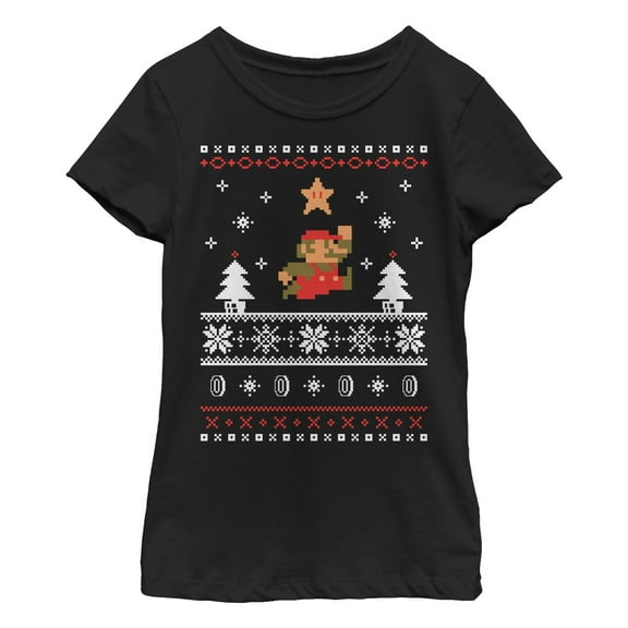 Girl's Nintendo Ugly Christmas Mario Jump Star Graphic Tee Black Small