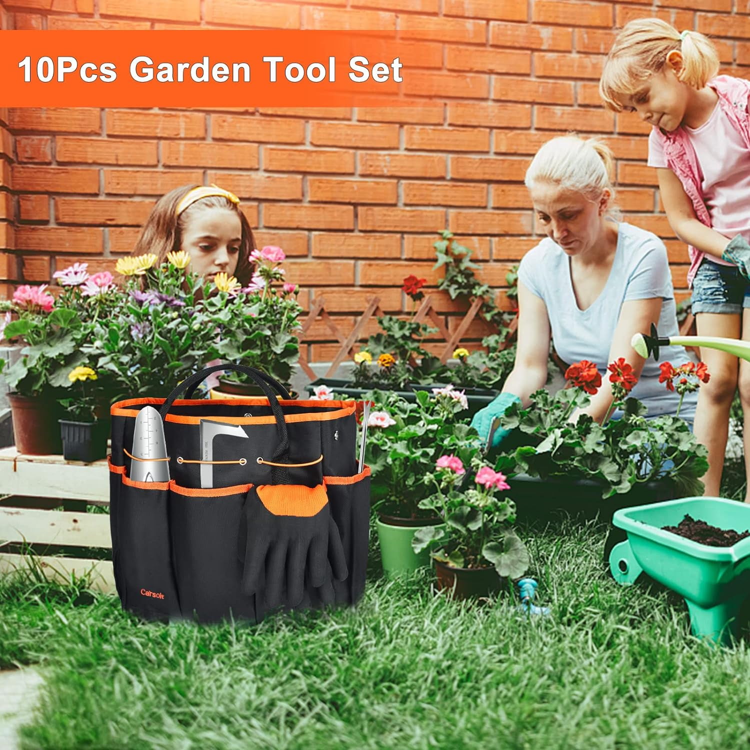 Garden Tools Set,10 Piece Stainless Steel Heavy Duty Gardening Tools Set for Planting Pruning Gardening Kit with Durable Gardening Bag Gloves Gift Box Ideal Garden Gifts for Women Men(Orange)