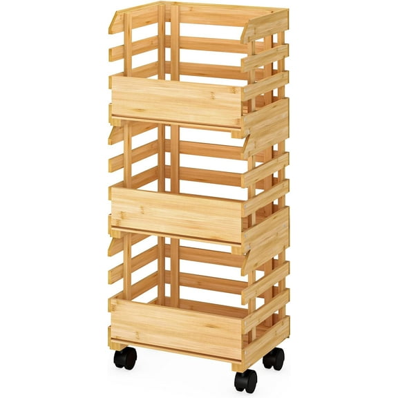 Bamboo Fruit Basket Stand, Potato and Onion Storage Cart, 3-Tier Fruit Basket with wheels, Vegetable Storage for Kitchen Floor (Self-assembly)
