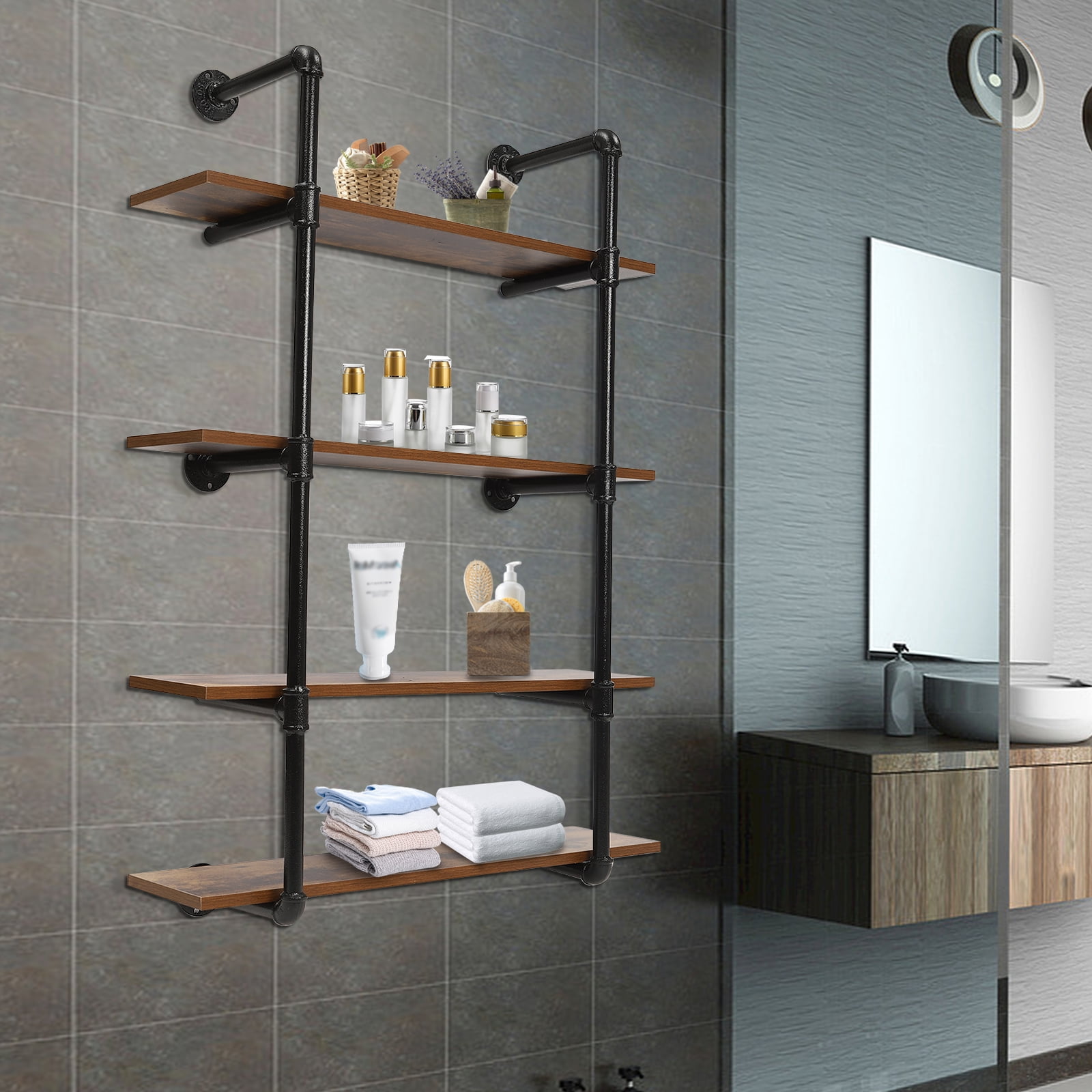 Industrial Pipe Shelving Wall Mounted 4 Tiers Metal Floating Shelves Home Office Real Wood Book Shelves