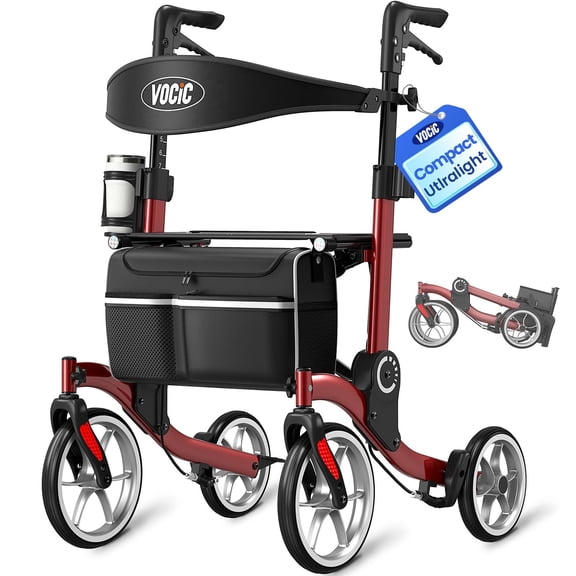 VOCIC Ultra-Compact Rollator Walker for Seniors with Seat, 9.5" Wheels, 300 lbs Capacity, Aluminum, Red