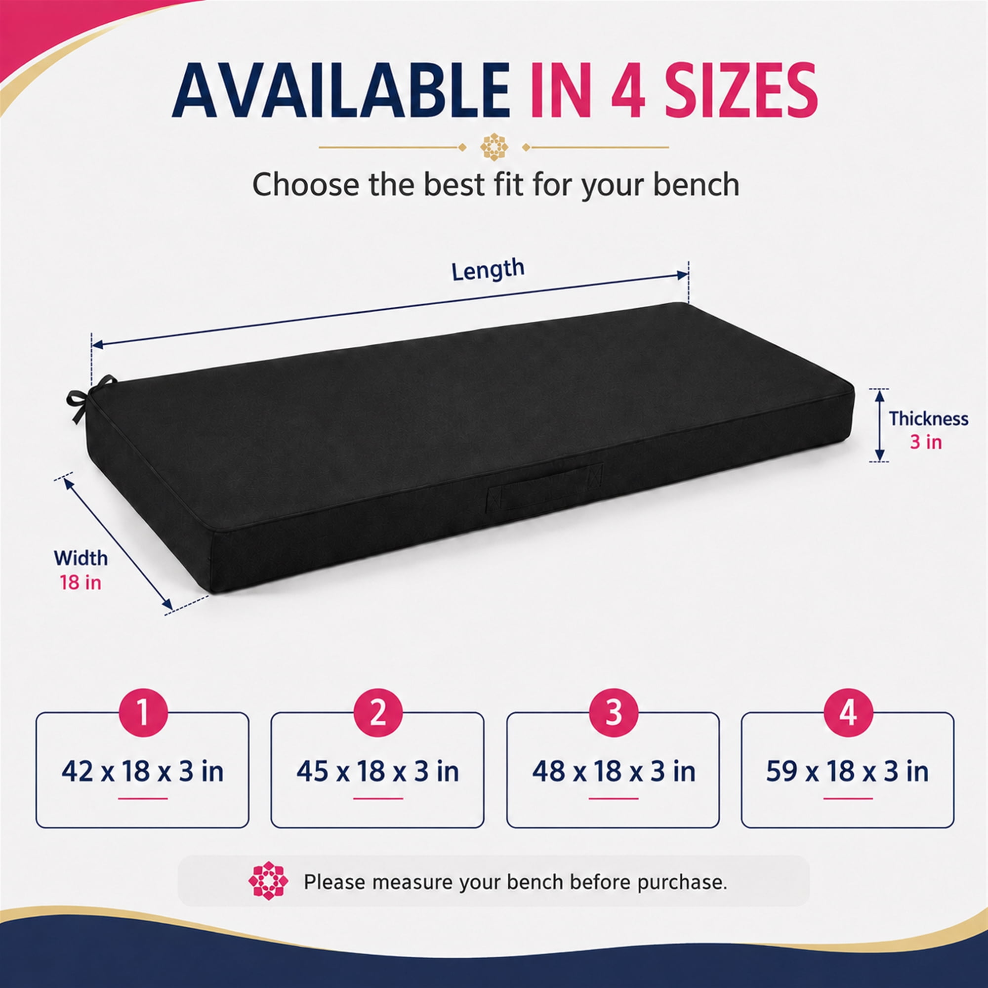 Millsilo 42" x 18" x 3" Outdoor Bench Cushion with Removable Cover, Water-Repellent UV Fade-Resistant Patio Cushion, High-Density Foam, Non-Slip Ties, Black