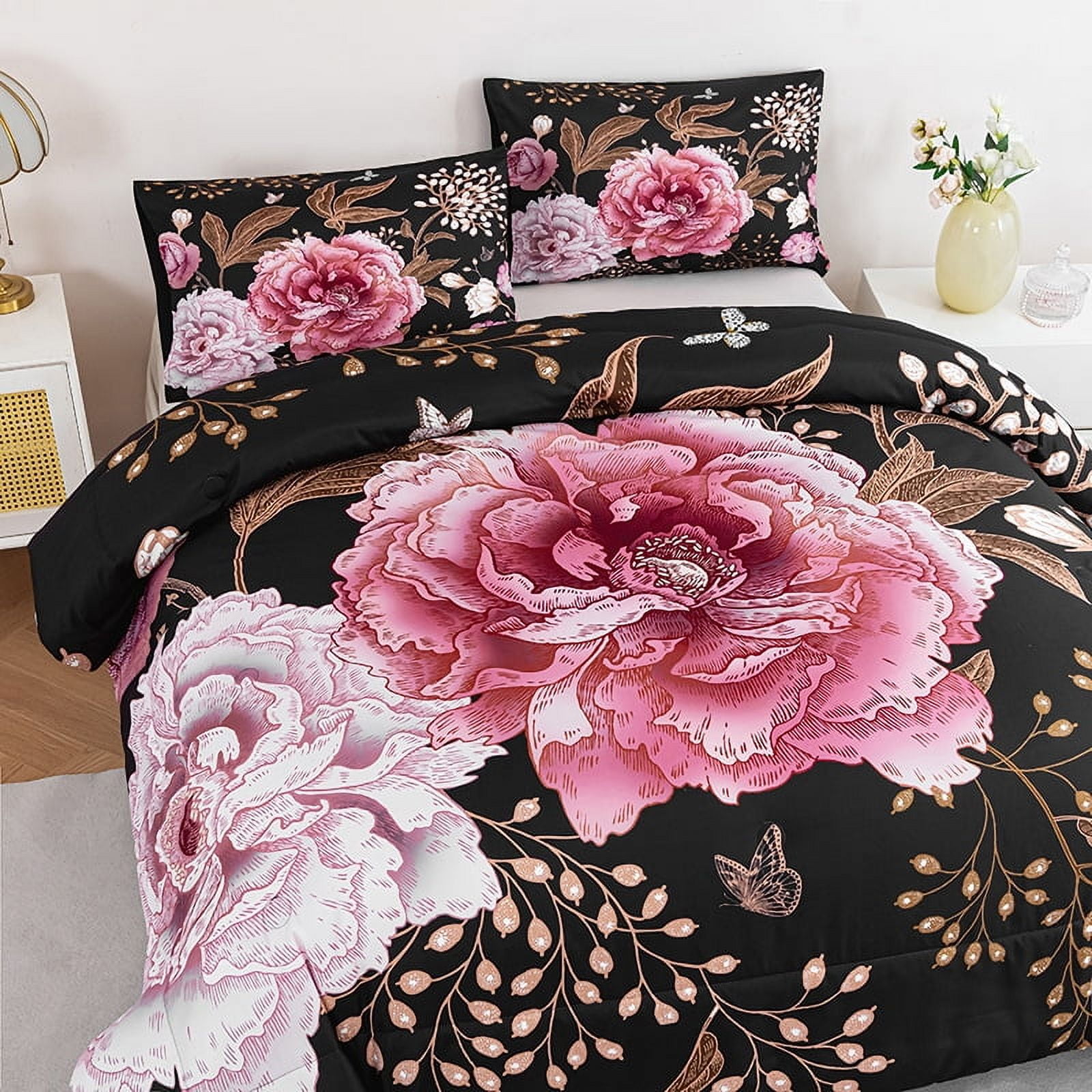 URBONUR 3 Pieces Black Pink King Size Bedding Set Floral Comforter Set Pink Flowers and Gold Butterfly Bed Set for Women Soft Botanical Bedding Comforter Set for All Season