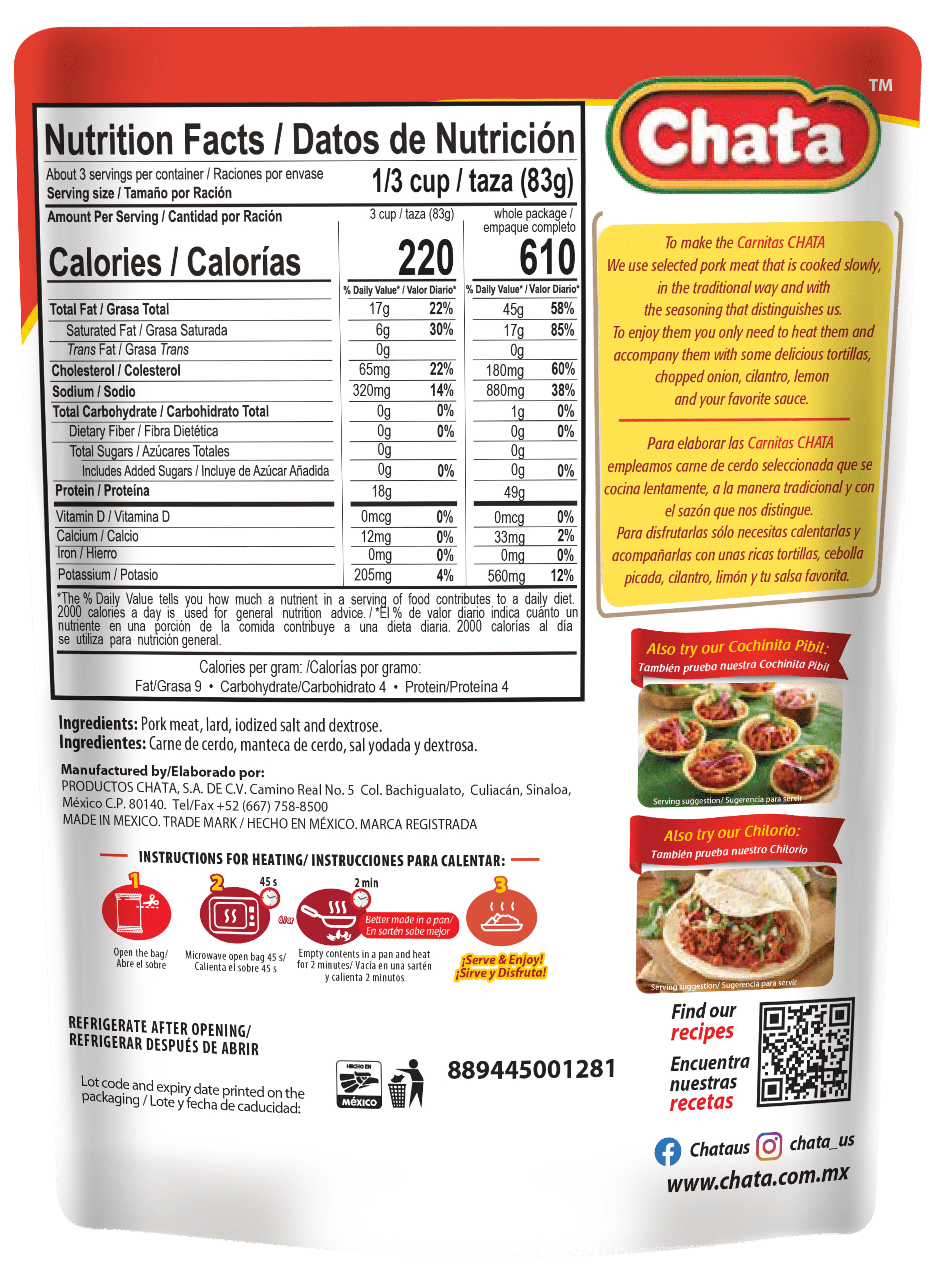 (3 pack) Chata Pork Carnitas Pouch, 8 oz, Pack of 1