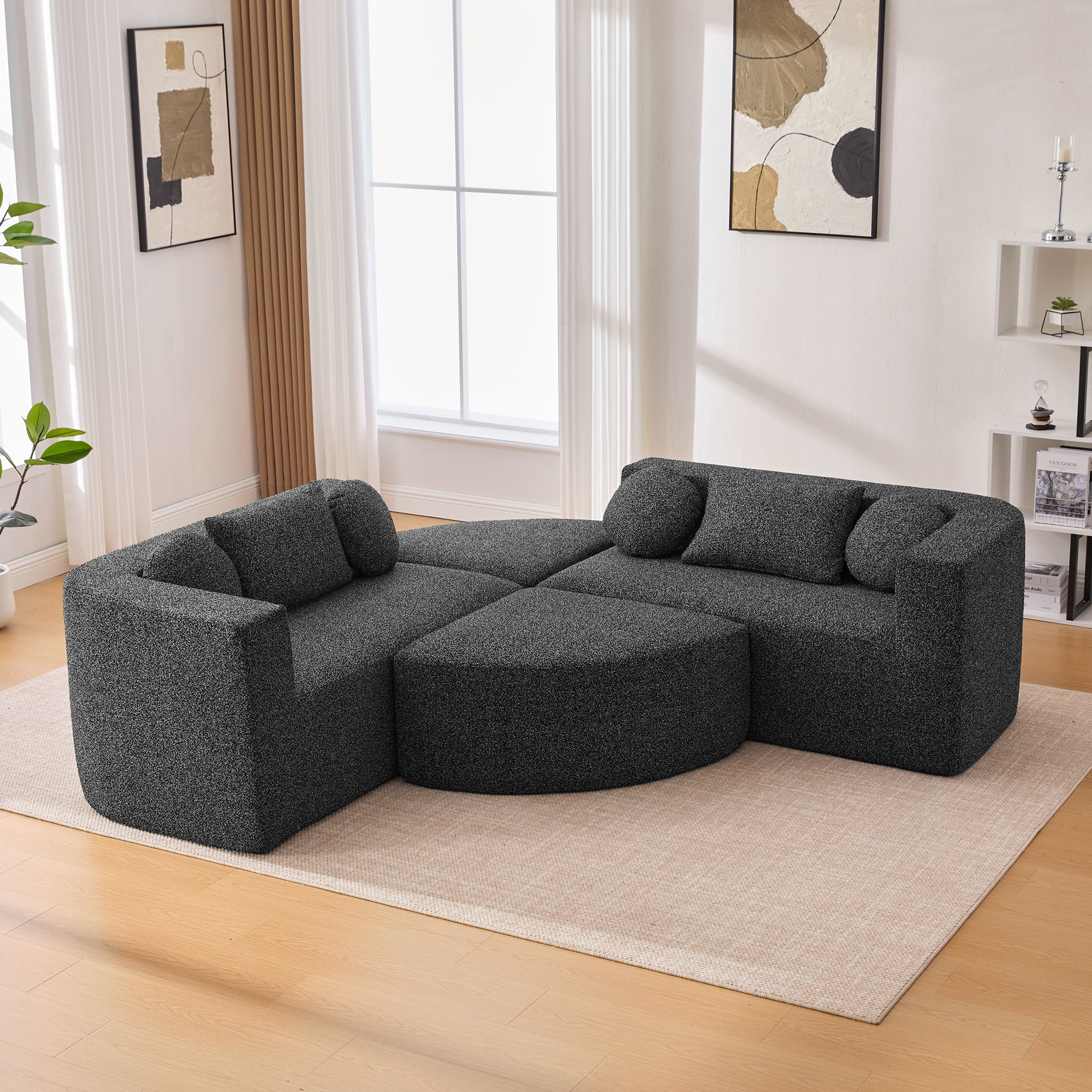 Euroco Boneless Couch Modular Sectional Sofa 114.9" Free-combined Sofa Couch Sofa Bed Compression Sofa with Deep Seating and Curved Design for Living Room, Black