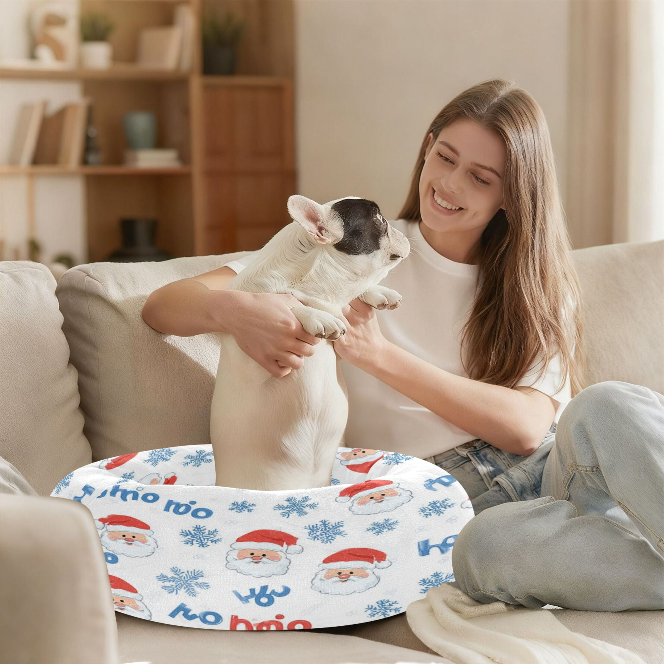 Iauyy Pet Couch Donut Cat Bed for Indoor Cats/Small Dogs Washable & Machine with Non-slip Bottom Calming Cat Furniture, Snowflake Santa Claus Wallpaper (M)