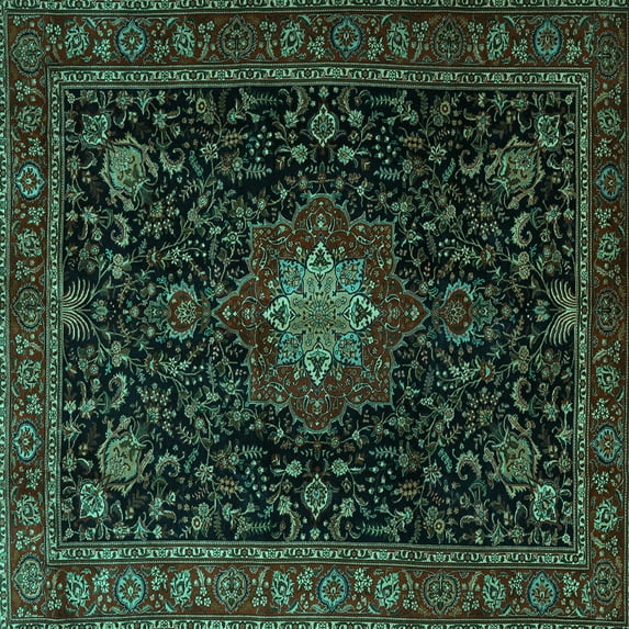 Ahgly Company Indoor Square Medallion Turquoise Blue Traditional Area Rugs, 8' Square