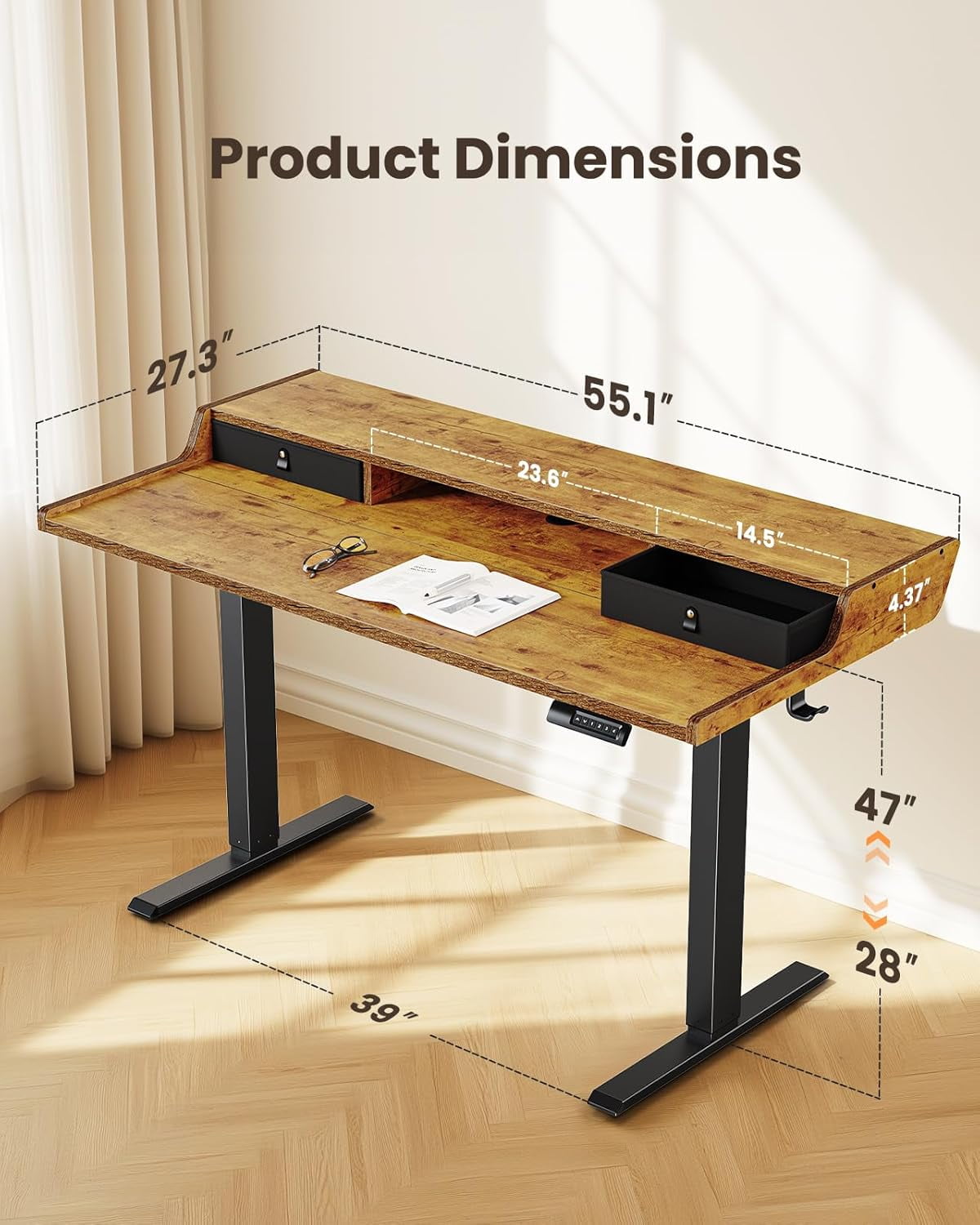 CHITOOMA 55" x 28″ Electric Standing Desk with Drawers, Height Adjustable Gaming Desk with Monitor Stand & Storage Shelf, 4 Preset Heights for Home Office, Brown