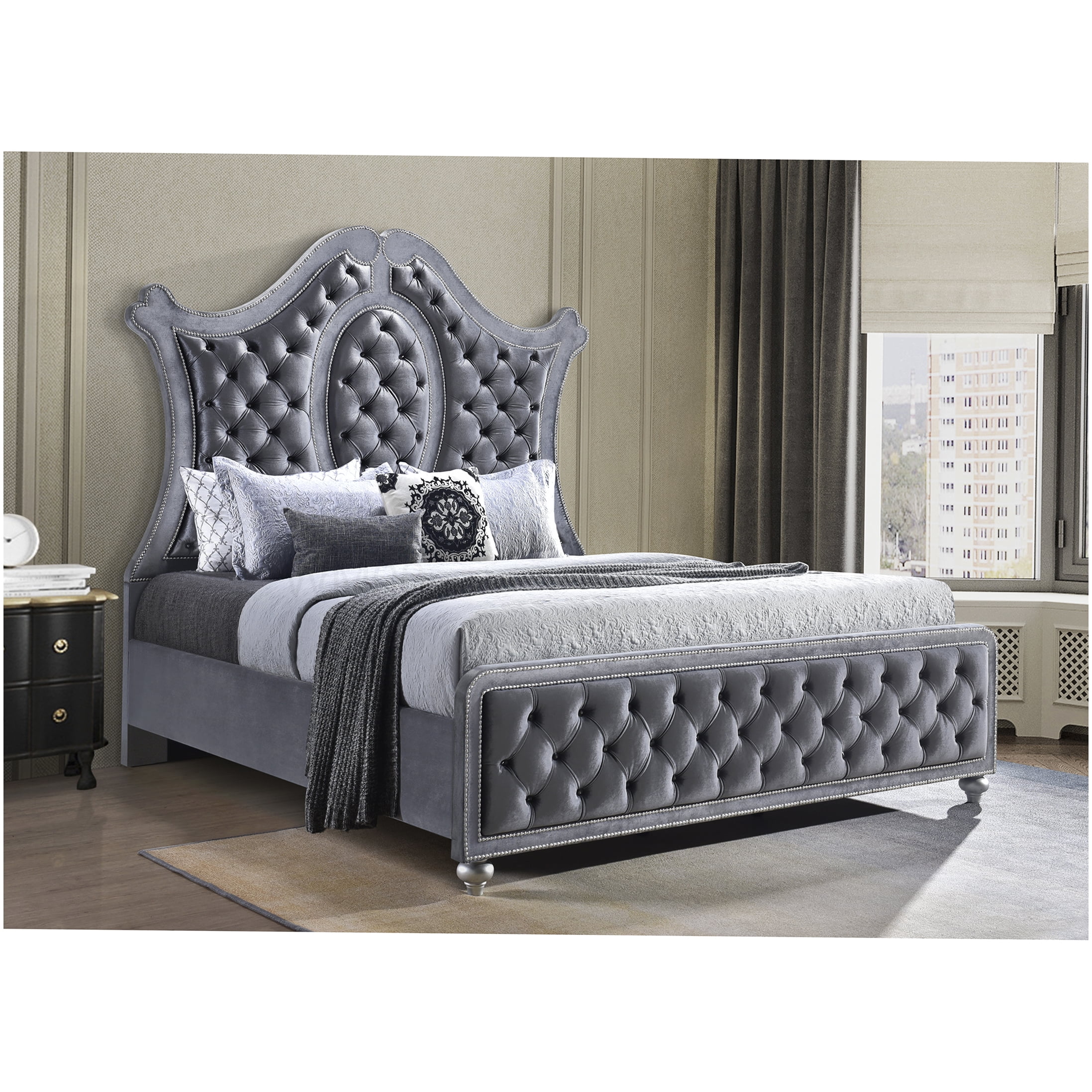 Modern Upholstered Queen Bed Frame, Gray Fabric Platform Bed with Diamond Tufted Headboard and Nailhead Accents