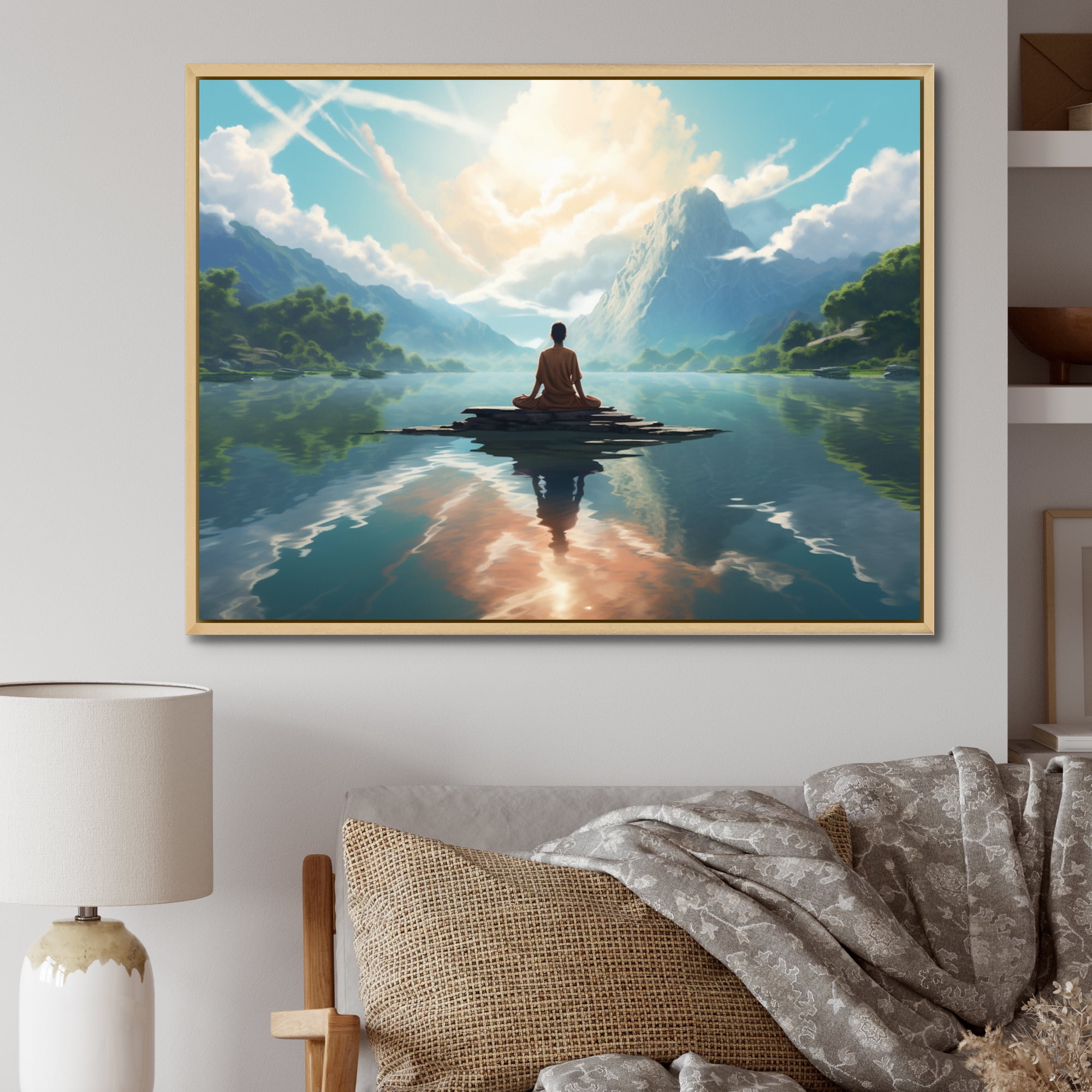 Designart meditation framed wall art decor Meditation framed wall Art Blue Green Meditation Blissful Stillness Teal Traditional Natural framed