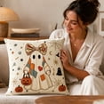 thumbnail image 2 of Halloween Vintage Patchwork Ghost Halloween Throw Pillow, Cute Ghost with Floral Bow Spider Web Decorative Cushion, Farmhouse Style Filled Pillow, 18*18inch, 2 of 2
