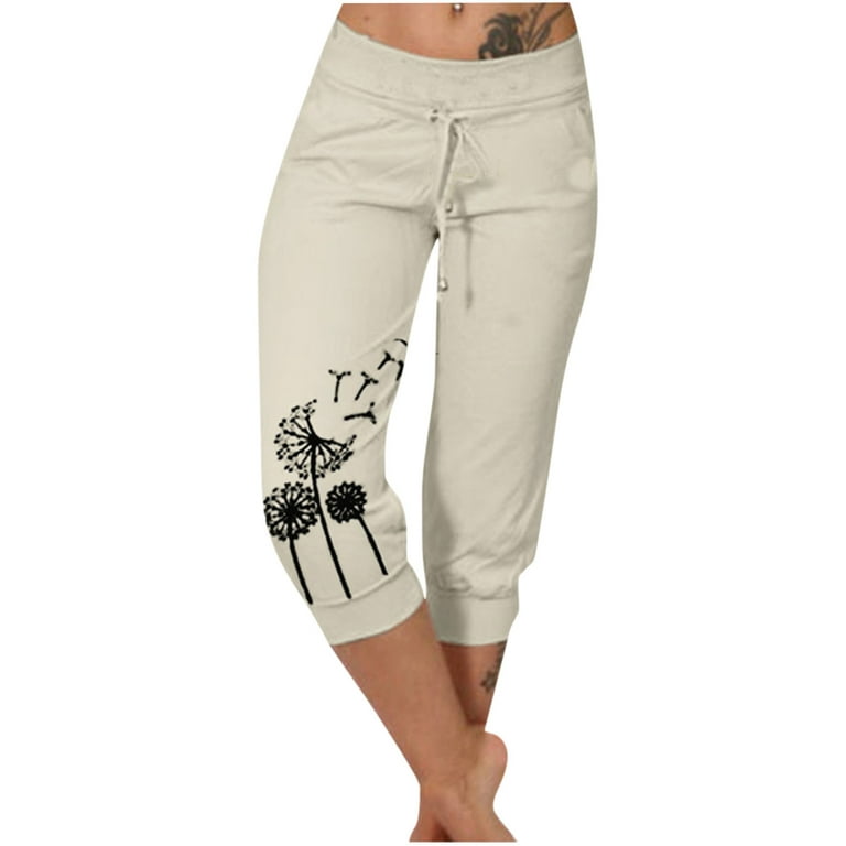 Caveitl Womens Capris For Summer Clearance,Woman Fashion Drawstring Pockets  Elastic Waist Printing Capris Pants Beige,XL 