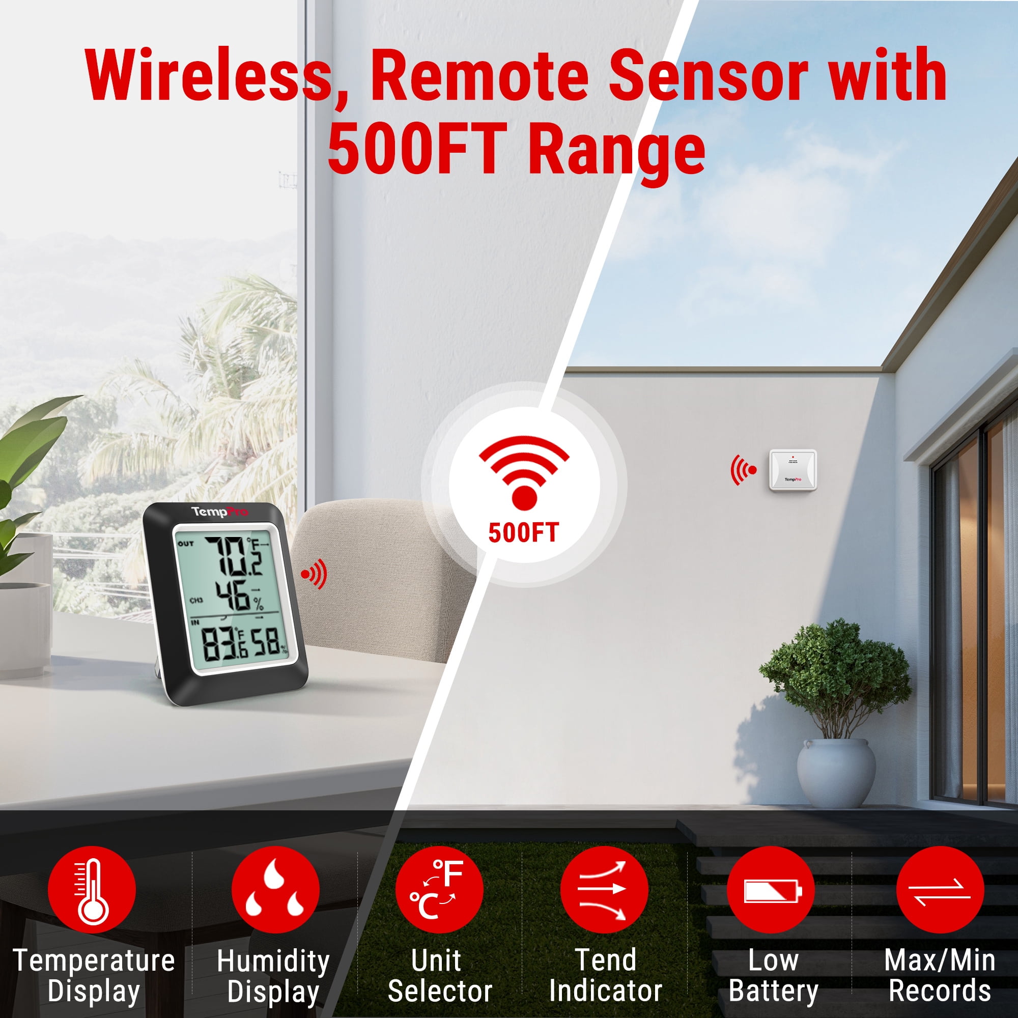 TempPro TP60SW Digital Hygrometer Indoor Outdoor Thermometer Wireless Temperature and Humidity Gauge Monitor Room Thermometer (Formerly ThermoPro)