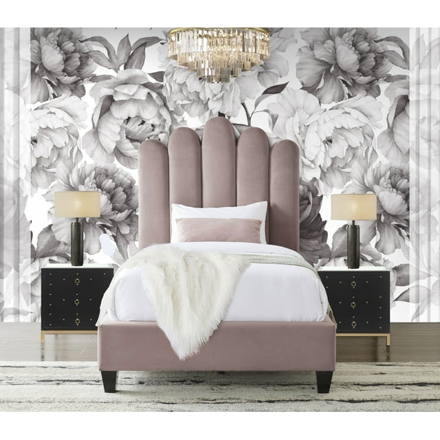 Chic Home Carys Platform Bed Frame with Headboard Velvet Upholstered Vertical Channel Quilted, Modern Contemporary, Blush, Twin