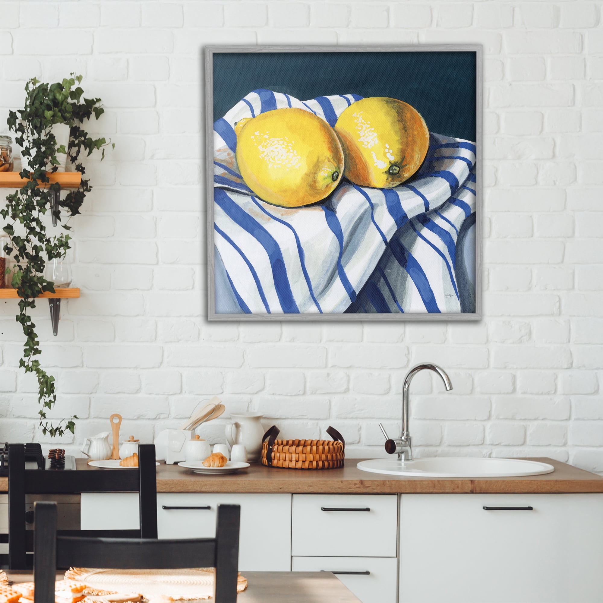 Stupell Industries Fresh Kitchen Lemons on Dishtowel Gray Framed Giclee Art, design by Kate Jarvik Birch