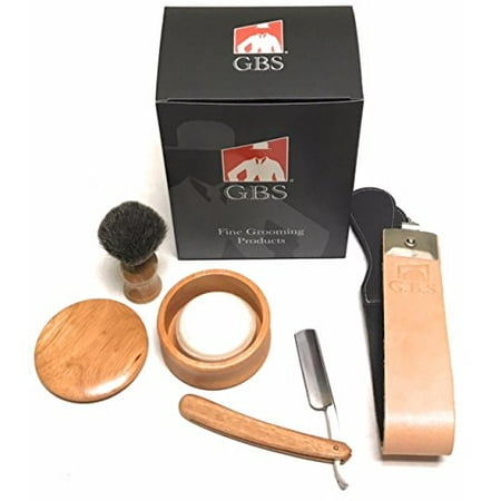 Natural Wood Shaving Bowl Set with Straight Razor, Pure Badger Brush, Conditioning Strop & 97% All Natural Soap